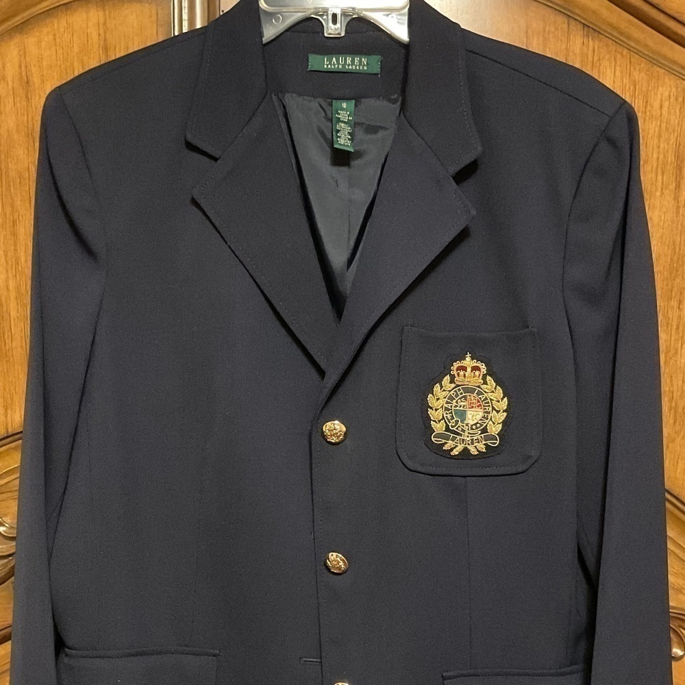 NWOT POLO RALPH LAUREN 100% WOOL DARK Blue CREST WOMAN BLAZER NEW SIZE US 16